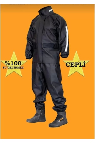 Unisex Tam Kalıp Motorcu Cepli Kurye Su Gecirmez Yağmurluk Takım Siyah