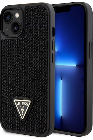 Apple iPhone 15 Uyumlu Kılıf Guess Lisanslı Taşlı Arka Yüzey Üçgen Logolu Kapak Siyah