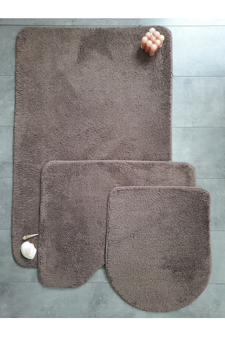 Ultrasoft Düz Kapuçino 3 Lü Banyo Halısı Paspası Seti Kaymaz Kahverengi