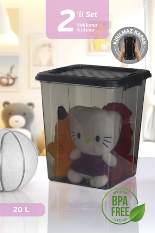 2'li Megabox 20l Saklama Kabı - Kilitli Kapaklı Çok Amaçlı Düzenleyici Kiler Depolama Oyuncak Kutusu Siyah