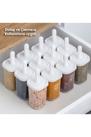 Porsima 1098 Kaydırmalı Kaşıklı Baharatlık Seti 12'li  Şeffaf - Beyaz