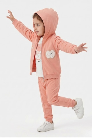 Toontoy Kids Toontoy Kız Çocuk 3'lü Eşofman Takımı Uzun Kollu Bisiklet Yaka Nakışlı T-shirt - Kapüşonlu Fermuarlı Hırka- Beli Paçası Lastikli Eşofman Altı 25040 Pudra