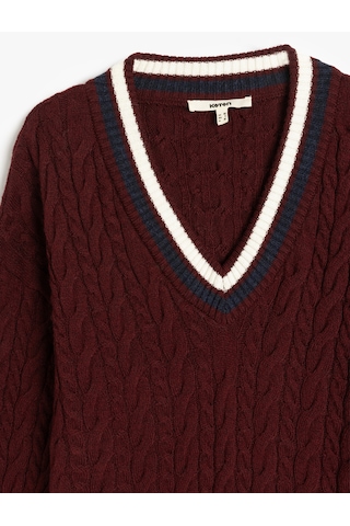 Koton Uzun Kollu Saç Örgü Kadın Oversize V Yaka Kazak Bordo 5wak90766ht Bordo