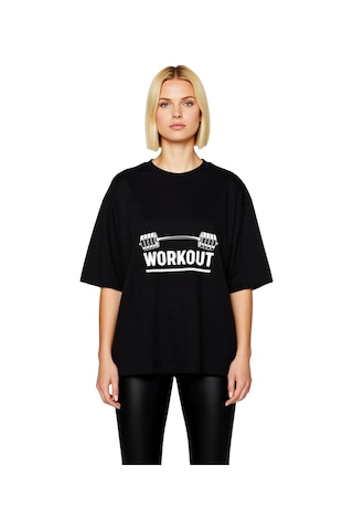 Paybuy Kadın Oversize Spor Motivasyon Baskılı Kısa Kollu Tişört Dumbbell Siyah