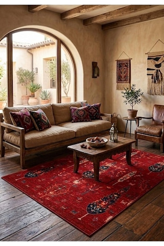 Doğal İplik Şönil Dokuma Pamuk Taban Halı Koridor Halısı Kilim Antre, Salon Ofis Genç Odası, Kırmızı, 120 X 180 Nakkaş-8