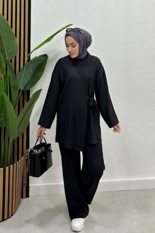 Zerogaprıse Kadın Çapraz Bağlamalı Keten Kimono Tesettür Pantolon Takım Siyah
