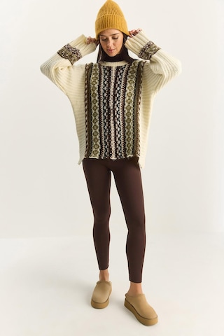 Shade Kadın Etnik Desenli Oversize Bisiklet Yaka Kalın Triko Kazak 2529 60283875 - Krem