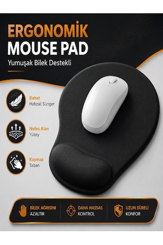 Siyah Comfort Bilek Destekli Siyah Rahat Konforlu Mouse Pad, Ergonomik Mouse Pad,ofis,ev, Siyah