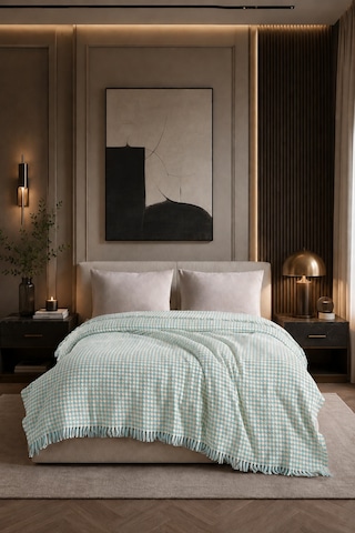 Çift Kişilik Pike Kazayağı Desenli Dekoratif Yatak Örtüsü 200x220 Cm Mavi - Bej