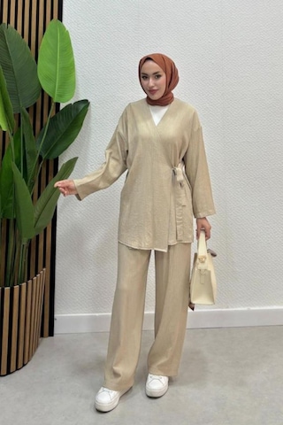 Zerogaprıse Kadın Çapraz Bağlamalı Keten Kimono Tesettür Pantolon Takım Bej