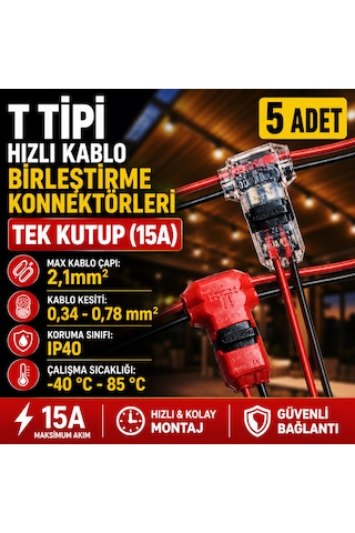 5 Adet Tek Kutup 15a T Tipi Hızlı Kablo Birleştirme Konnektörleri