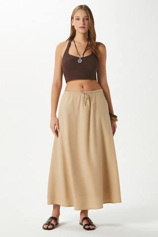 Kadın Seaside Vizon Astarlı Bel Lastikli Cepli Dokuma Uzun Etek Vizon