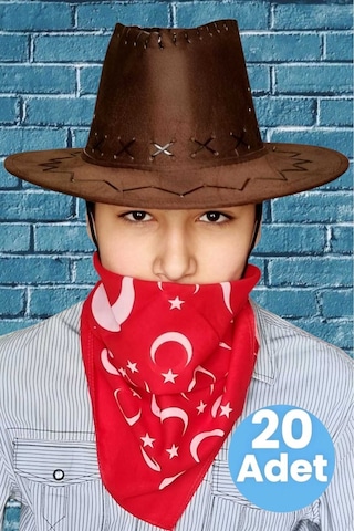 Uniquetrenders Çocuk Unisex Bandanalı 20'li Nubuk Kovboy Şapkası 8-14 Yaş Kahverengi 4