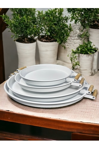 Metal 4 Lü 51 37 45 30 Cm Beyaz Ahşap Kulplu Yuvarlak Tepsi Seti, Kahvaltı Tepsisi 4lüset Beyaz