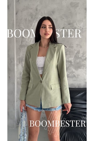 Boombester Kadın Flam Keten Astarlı Blazer Ceket Çizgili Astar Detay Rahat Kalıp İnce Ceket Haki
