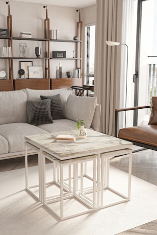 Lizbon 4+1 Kare Sehpa Takımı Beyaz Metal - Beyaz Mermer Tabla