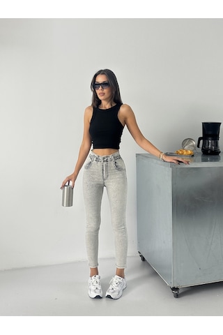 Kadın Kemer Büzgülü Power Dar Paça Kot Pantolon Gri