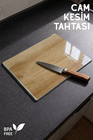 Ahşap Desenli Cam Kesme Tahtası - 25x35cm - Dayanıklı Ve Pratik Kesim Matı Kahverengi