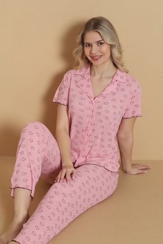 Wordex Mirano 1711 Kalp Desenli Pointel İnce Kumaş Düğmeli Kısa Kollu Kadın Pijama Takımı Pembe