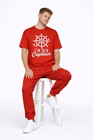 Sevgili Kombini Oversize Çift Tişört Unisex Captain Anchor Baskıl Kırmızı