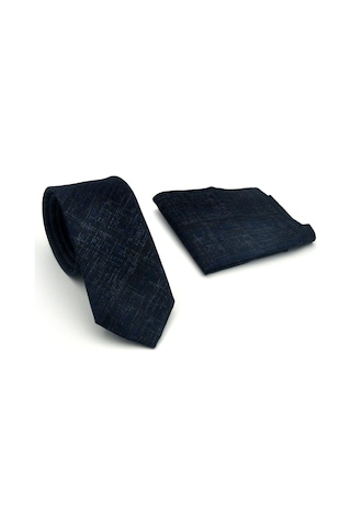 Gaffy Mavi Kırcıl Desenli Lacivert Dokuma Kumaş Mendilli Slim Fit Kravat // Sdk-2610-2 Lacivert