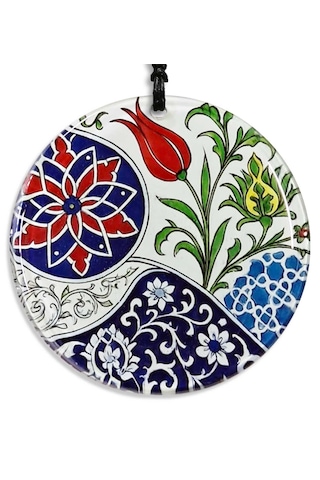 23 Cm Çap - İznik Çini Desen Çiçek Motifli Füzyon Cam Duvar Süsü