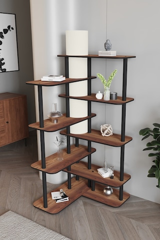 Cross Raflı Lambader Kitaplık Ceviz Siyah