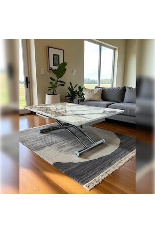 Ortadan Açılır Akıllı Masa Üst Mdf Beyaz Mermer Alt Ayak Krom