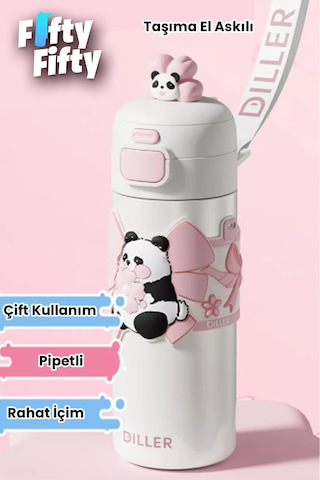 Dıller 480 Ml Tek Kapak Çift Kullanım Pipetli/pipetsiz Taşıma El Askılı Vacum Cup/çelik Termos -ffd9317-480 Beyaz