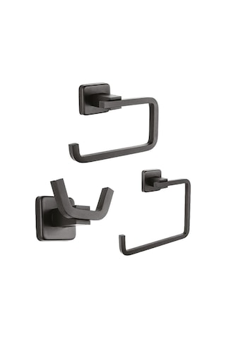 DARK Premium Kare Mat Siyah Ikili Askılık + Kapaksız Kağıtlık + Yuvarlak Havluluk Banyo Seti