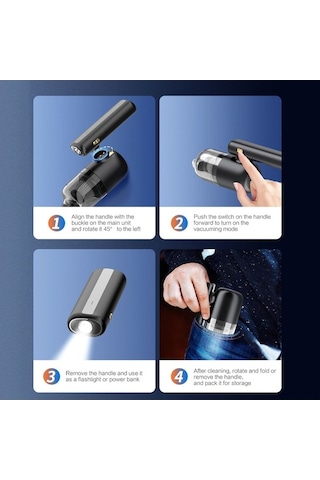Besthome1 F16 Mini Taşınabilir 3-in-1 Araç Süpürgesi, Şarjlı El Feneri, Powerbank, Type-c Bağlantılı