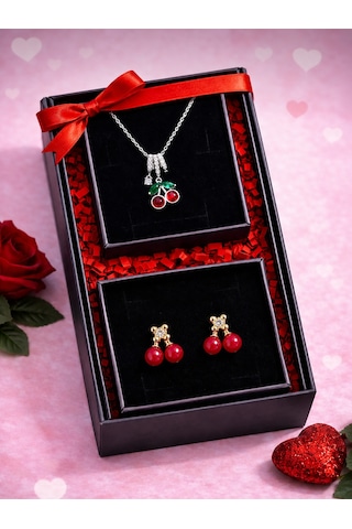 Kiraz Figürlü Kolye Ve Küpe Seti Kadın Takı Seti Sevgililer Günü & Doğum Günü Hediyesi Kırmızı