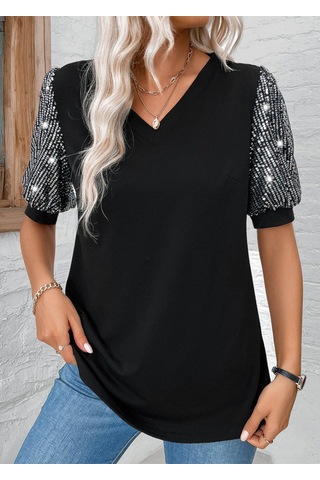 Kadın Kısa Kollu V Yakalı Pul Payet Detaylı Viskon Bluz Siyah