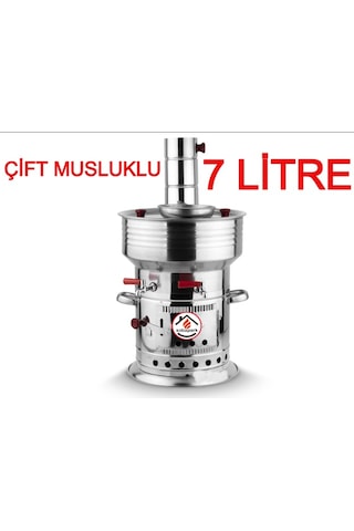 7 Litre Paslanmaz Metal Odunlu Kömürlü Çay Semaveri Büyük Çift Musluklu Odunlu Kömürlü Semaver 7 Lt