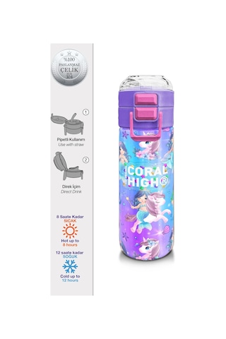 Coral High Kids Mor Pembe Unicorn Deniz Kızı Desenli Pipetli Ve Direkt İçim Çelik Termos 500 Ml 31982 Mor - Pembe