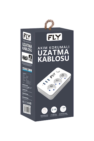 FLY-3406-01 Termal Akım Korumalı 3'lü Priz 3 Usb 2m 2.1A Uzatma K