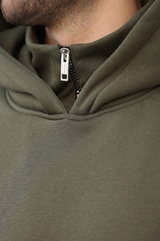 Madmext Haki Kapüşonlu Fermuar Yaka Desenli Erkek Sweatshirt E7162 Haki