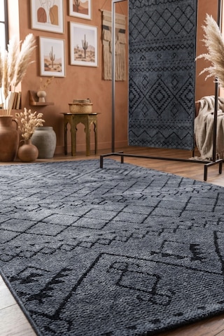 İskandinav Kilim Yıkanabilir Kadife Tuşeli Pamuk Dokuma Yolluk Kaymaz Tabanlı Halı Antrasit