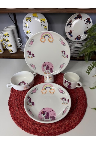 5 Parça Pembe Unicorn Model Çocuk Bebek Yemek Takımı Beslenme Seti Çok Renkli