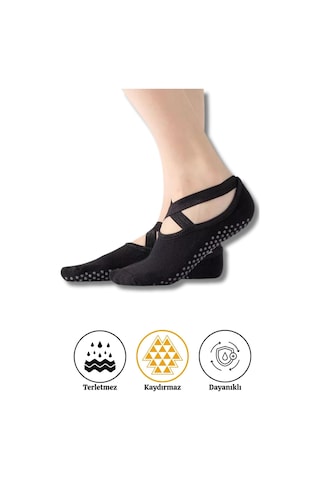 Lykos 2 Çift Siyah Profesyönel Kaymaz Tabanlı Pilates Yoga Ve Bale Çorabı - Terletmeyen Pamuklu Doku Siyah