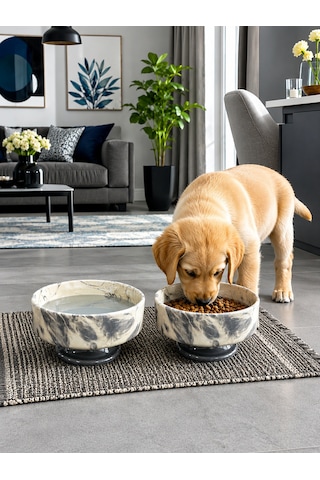 Mama Kabı Kedi Ve Köpek Ayaklı 2 Li Seramik Doğal Mama Ve Su Kabı Gri Marble