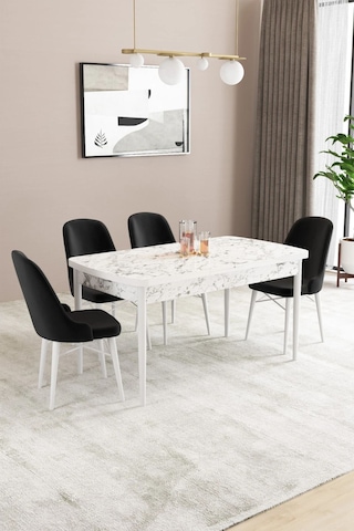 Sar Pakete Almira Serisi, Beyaz Mermer Desen 80x132 Açılabilir Mdf Mutfak Masası Takımı 4 Adet Sandalye Siyah