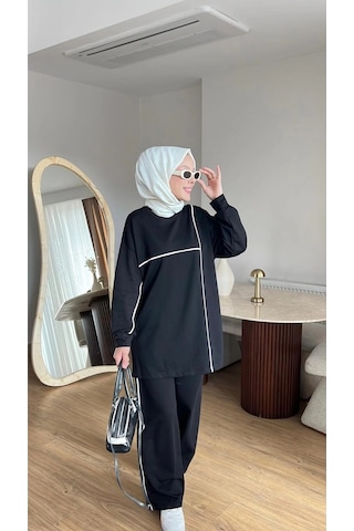 Olivia Kadın Mevsimlik Penye Alt Üst Spor Ve Rahat Tesettür İkili Takım Siyah