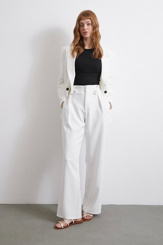 Never More Bel Detaylı Wide Leg Pantolon Ekru Ekru