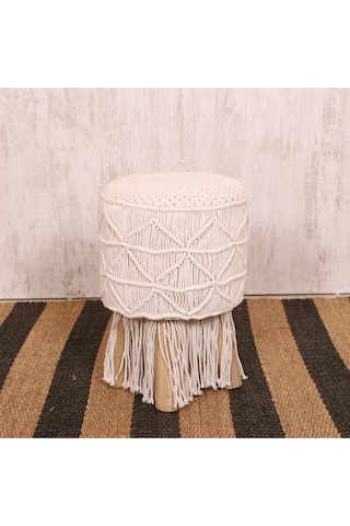 Makrome Tabure Puf & Stools - Doğal Teak Gövde 33x48 Cm Beyaz