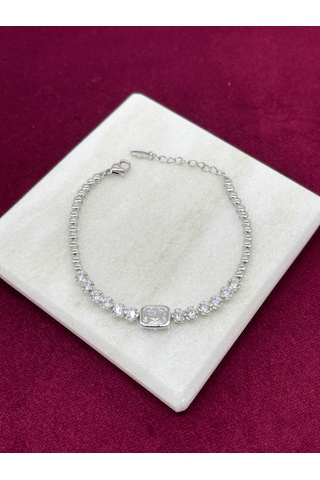 Dikdörtgen Ve Daire Swarovski Taşlı Silver Bileklik Silver
