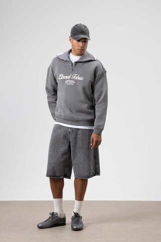 Vamos Oversize Fermuarlı Yaka Sweatshirt Füme