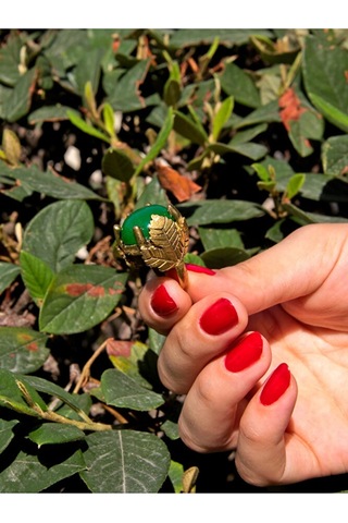 Yaprak Desenli Yeşil Akik Doğal Taş Ayarlanabilir Kadın Yüzük Çok Renkli