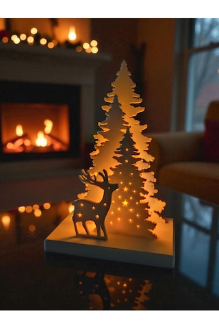 Dekoratif Çam Ağacı Ve Geyik Silüetli Yılbaşı Temalı Led Tealight Mumluk Beyaz