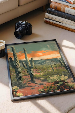 Saguaro Kaktüsü Ve Çöl Bitkileri Çerçeveli Tablo - Pop Art Poster Tablo